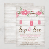 Rustic Pink Mason Jar Girl Sip and See Invitations Kaart (Voorkant / Achterkant)
