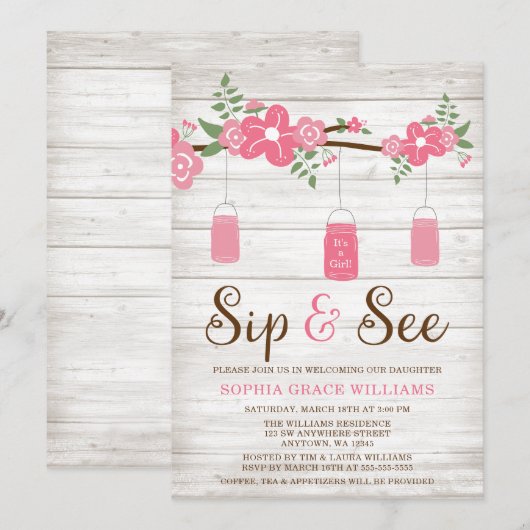 Rustic Pink Mason Jar Girl Sip and See Invitations Kaart (Voorkant / Achterkant)