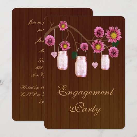 Rustic Pink Mason Jars Engagement Party nodigt uit Kaart (Voorkant / Achterkant)