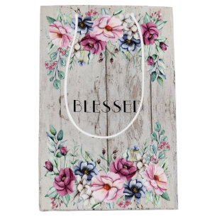 Rustic Pink & Navy Floral Barn Wood zonder houten Medium Cadeauzakje