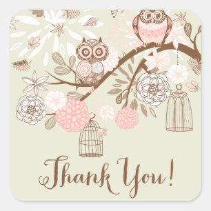 Rustic Pink Owls and Birdcages Bedankt, Sticker