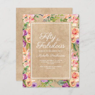 Rustic Pink Paars Floral Kraft 50th Birthday Kaart