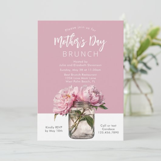 Rustic Pink Peonies Script Moederdag Brunch Kaart (Staand voorkant)