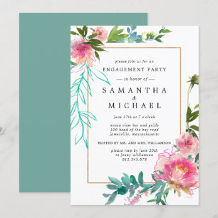 Rustic Pink Peony Floral Engagement Party Kaart