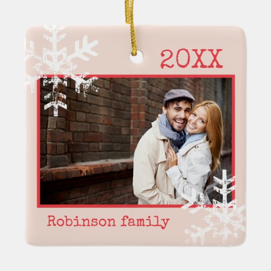 Rustic Pink Photo Ornament Snowflakes Monogram (Voorkant)