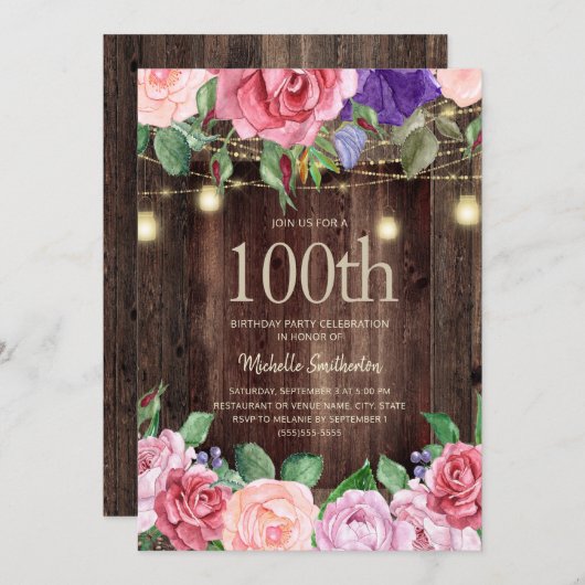 Rustic Pink Purple Flowers String Lights 100th Kaart (Voorkant / Achterkant)