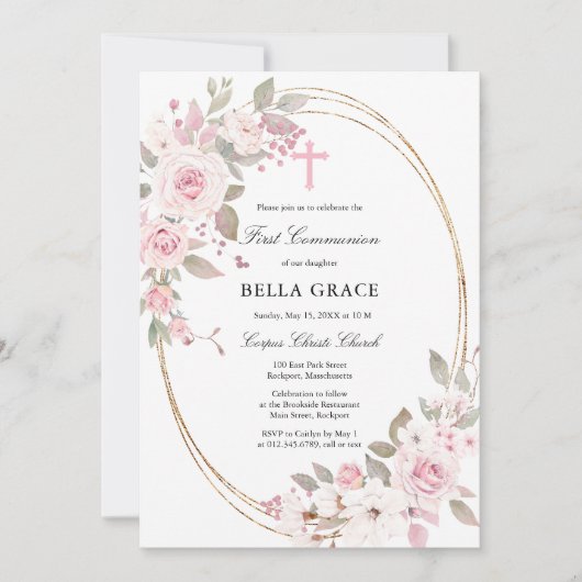 Rustic Pink Rose Floral First Heilige Communie Kaart (Voorkant)