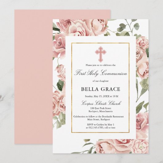 Rustic Pink Rose Floral First Heilige Communie Kaart (Voorkant / Achterkant)