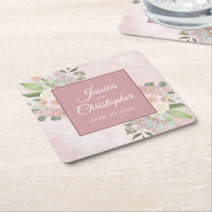 Rustic Pink Waterverf Floral Bohemian Wedding Vierkante Kartonnen Onderzetter