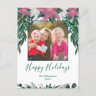Rustic Pink White Poinsettia Foliage Photo Holiday Briefkaart