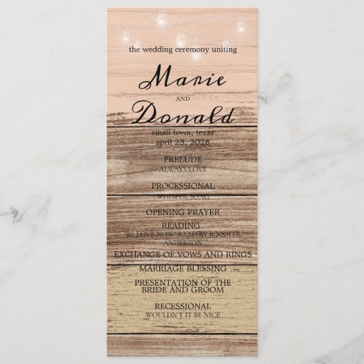 Rustic Pink Wood and Lantern Wedding Programma (Voorkant)