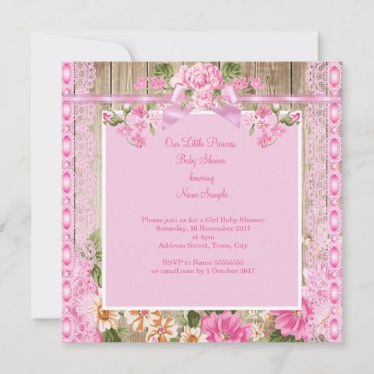 Rustic Pink Wood Princess Baby shower Brunette Kaart (Achterkant)