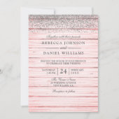 Rustic Pink Wood Silver Glitter Wedding Invite Kaart (Voorkant)
