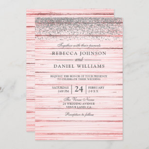 Rustic Pink Wood Silver Glitter Wedding Invite Kaart