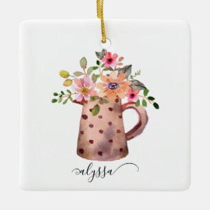 Rustic Pitcher Peach & Mauve Watercolor Floral Keramisch Ornament