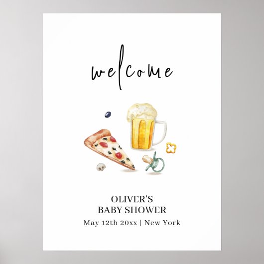 Rustic Pizza Beers Pacifier Baby shower Welkom Poster (Voorkant)