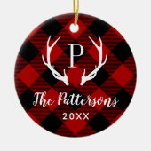 Rustic Plaid Antler Monogram Aangepaste Foto Keramisch Ornament (Voorkant)