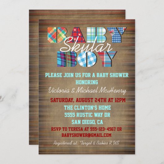 Rustic Plaid Baby Boy Baby Shower Invitations (Devant / Derrière)