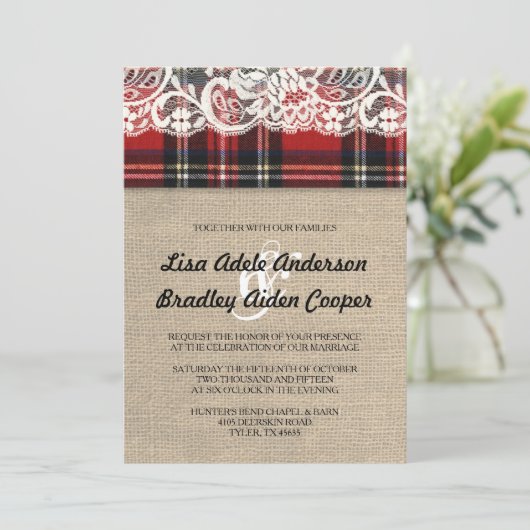 Rustic Plaid Lace Country Wedding Uitnodiging (Staand voorkant)