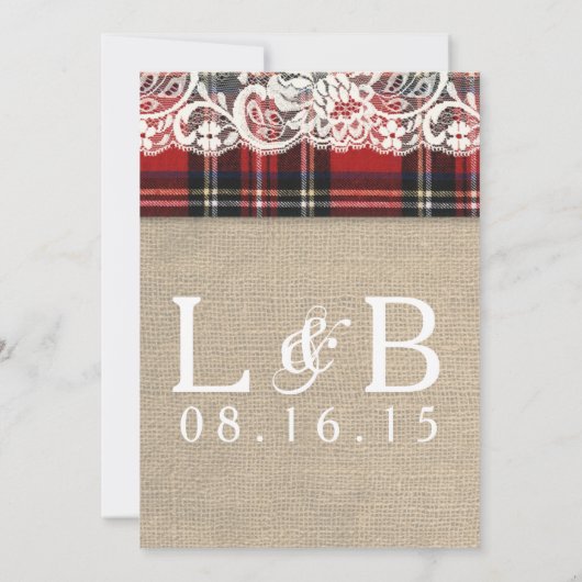 Rustic Plaid Lace Country Wedding Uitnodiging (Achterkant)