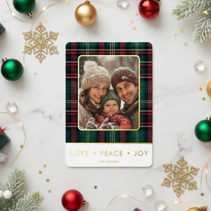 Rustic Plaid Liefde Vrede Vreugde Foto Kerstmis Folie Feestdagenkaart