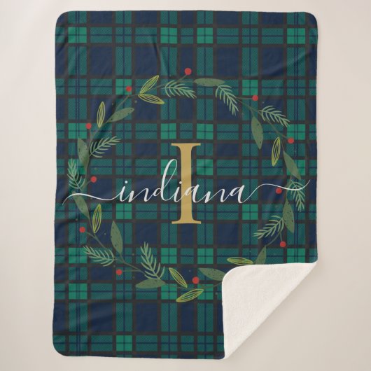 Rustic Plaid Monogram Kerstkrans Tartan Sherpa Deken (Voorkant)