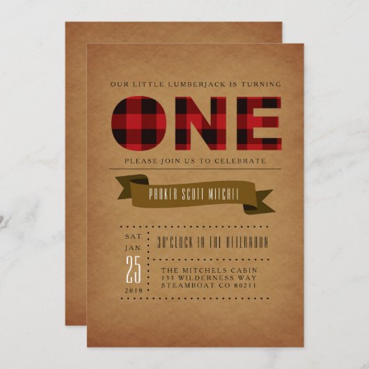 Rustic Plaid Premier Invitation de fête d'annivers (Devant / Derrière)