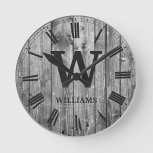 Rustic Planks Wood Custom Family Initiaal Farmhous Ronde Klok