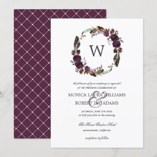 Rustic Plum Autum Floral Wreath Monogram Weddens Kaart