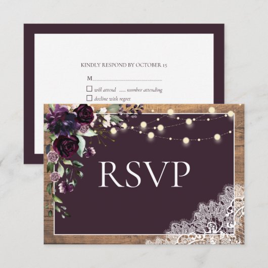 Rustic Plum Paars Floral Lace Wood Wedding RSVP (Voorkant / Achterkant)