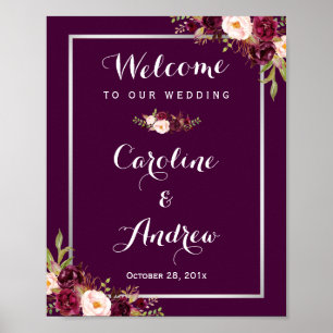 Rustic Plum Paars Floral Welcome Wedding Sign Poster