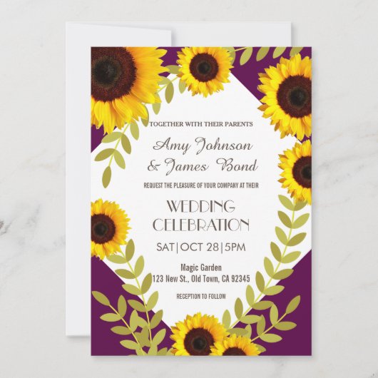 Rustic Plum Sunflower Wedding Invitation Kaart (Voorkant)