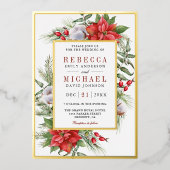 Rustic Poinsettia Floral kerstbruiloft Folie Uitnodiging (Voorkant)