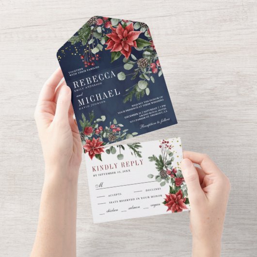 Rustic Poinsettia Floral Kerstmis bruiloft All In One Uitnodiging (Afscheurbaar)