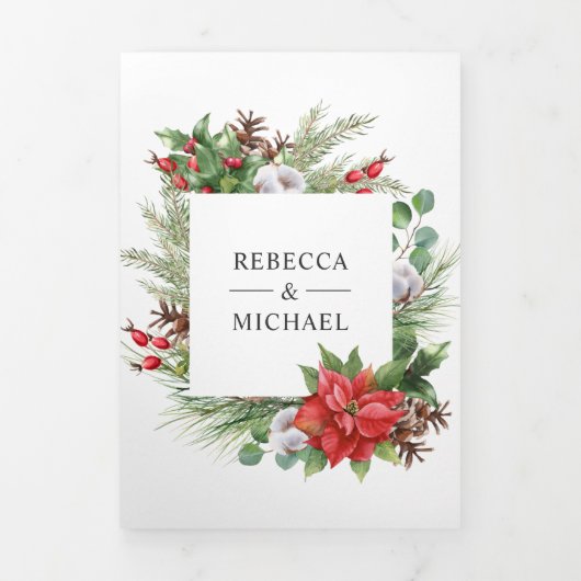Rustic Poinsettia QR Code Kersthuwelijk Drieluik Uitnodiging (Cover)