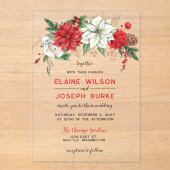 Rustic Poinsettia Winter Foliage Pine cone Wedding Acryl Uitnodigingen (Voorkant)