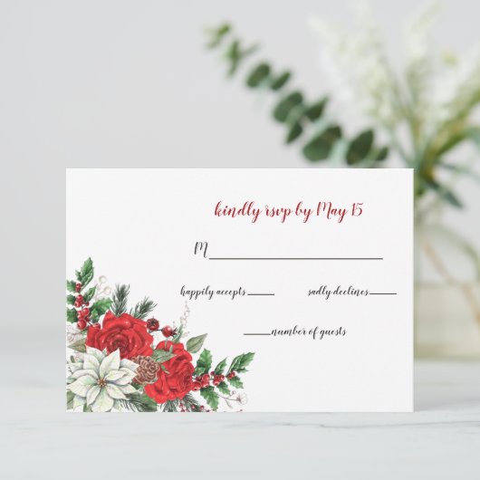 Rustic Poinsettia Winter Foliage Pine cone Wedding RSVP Kaartje (Staand voorkant)