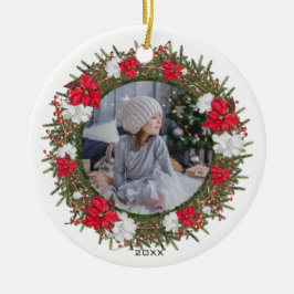 Rustic Poinsettia Woodland Wreatfoto met Jaar Keramisch Ornament