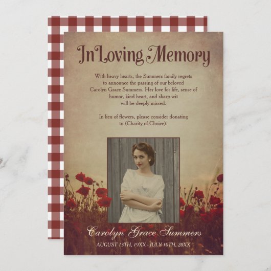 Rustic Poppy Field in Loing Memory Custom Photo Aankondiging (Voorkant / Achterkant)