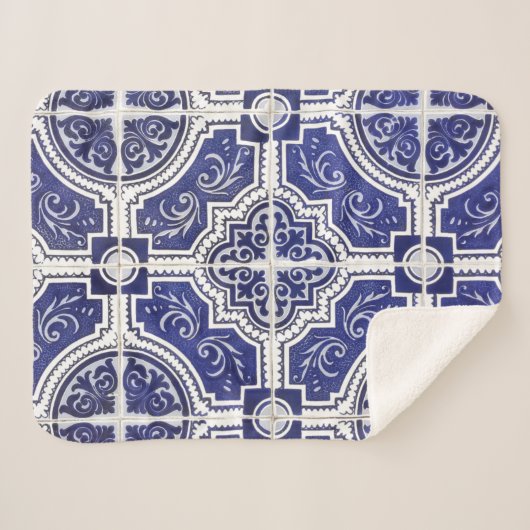 Rustic  Portugees Tiles Pattern - Azulejo Sherpa Deken (Voorkant (horizontaal))