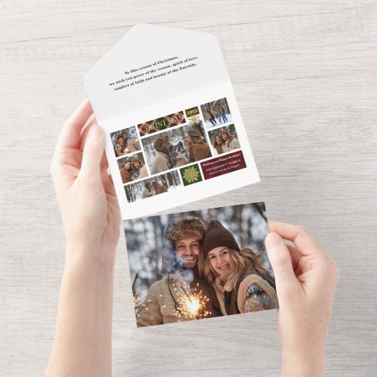 Rustic Pset & Gold Snowflakes Multi-Photo All In One Uitnodiging (Afscheurbaar)