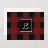 Rustic Pset Lumberjack Monogram Initiaal Rood zwar Briefkaart (Voorkant / Achterkant)
