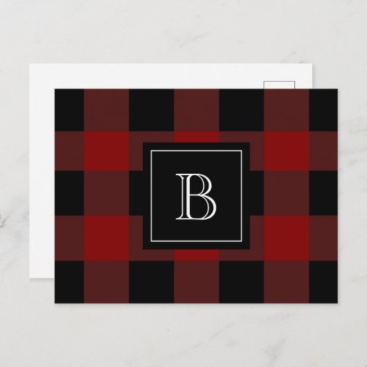 Rustic Pset Lumberjack Monogram Initiaal Rood zwar Briefkaart (Voorkant / Achterkant)