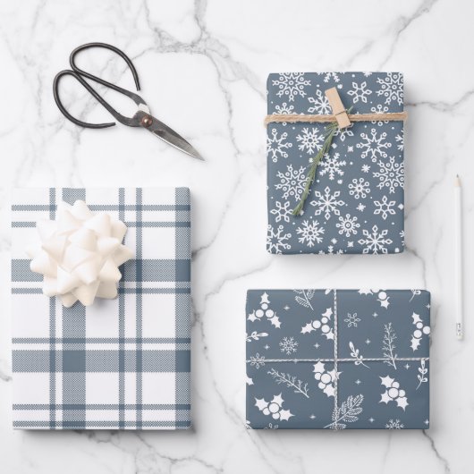 Rustic Pset Snowflakes en Holly in Country Blue Inpakpapier Vel (Voorkant)