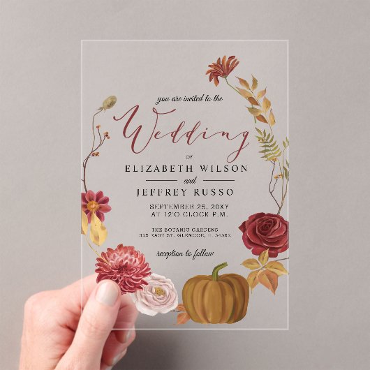 Rustic Pumpkin Autumn Fall Wedding Acryl Uitnodigingen (Insitu (Draagbaar))