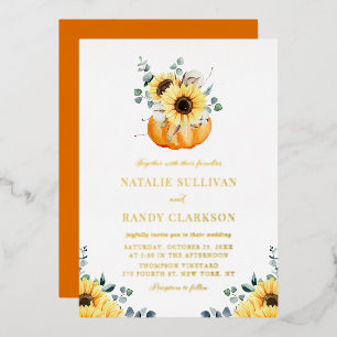 Rustic Pumpkin en Sunflower Fall Wedding Folie Uitnodiging