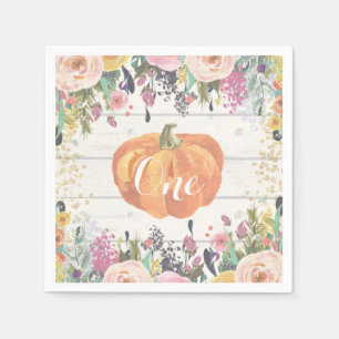 Rustic Pumpkin First Birthday Floral Gold Glitter Servet