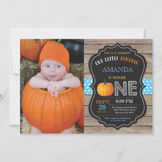 Rustic Pumpkin First Birthday Invitation Blue Kaart (Voorkant)