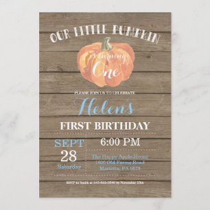 Rustic Pumpkin First Birthday Invitation Blue Kaart