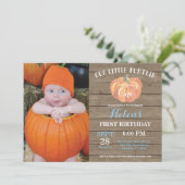 Rustic Pumpkin First Birthday Invitation Blue Kaart (Staand voorkant)